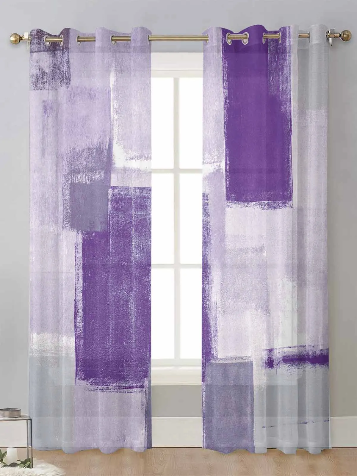 Purple Paint Square Graffiti Abstract Texture Sheer Curtains Living Room Window Voile Tulle Curtain Cortinas Drapes Home Decor