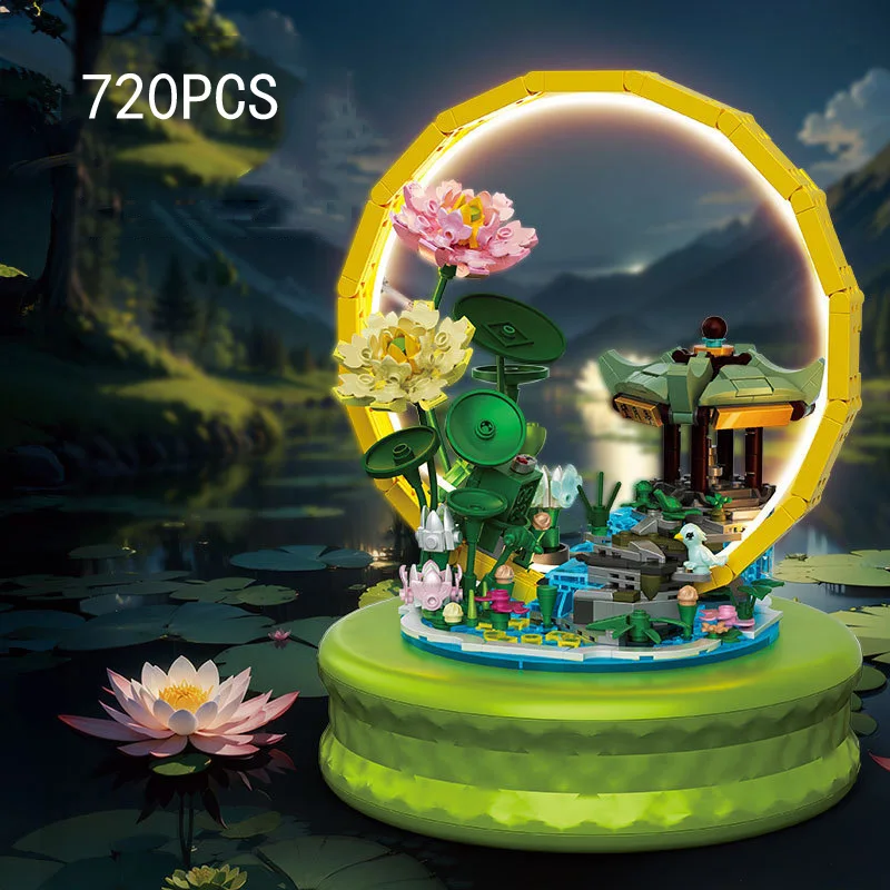 Loz Mini Diamond Building Block Creative Street View Bricks Lotus Pond Moonlight Music Box Toys With Light For Kids Gifts