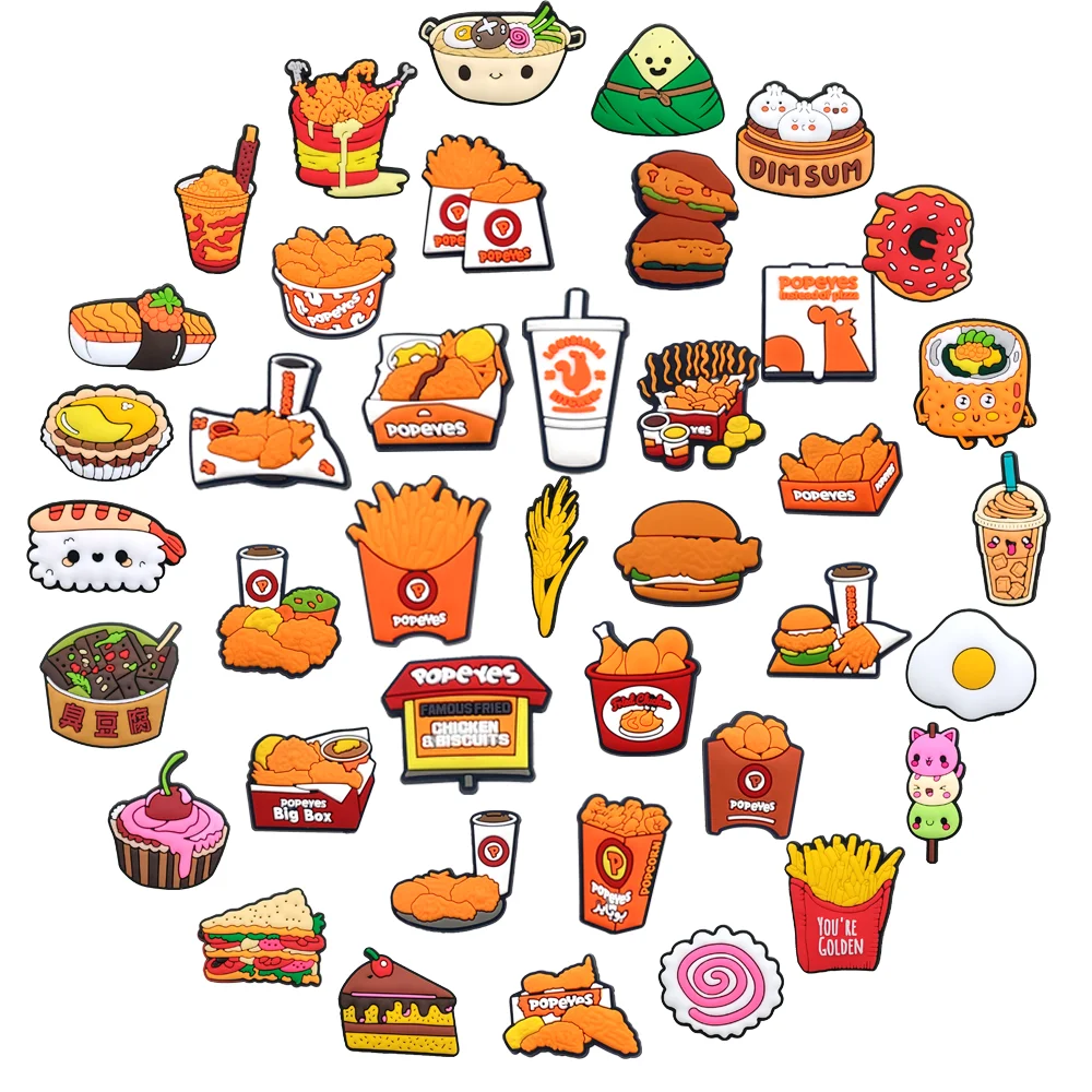 40pcs Delicious Food Shoe Charms Hamburger Pizza Shoe Decorations Doughnut Sushi Cake Garden Sandals Accessories for Women Kid