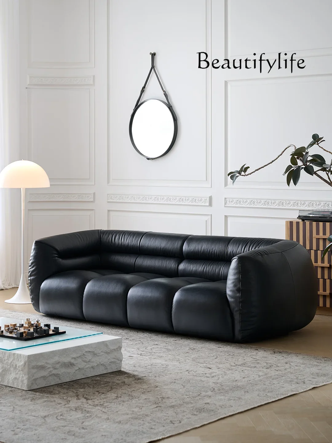 Retro Leather Sofa Living Room Designer Straight Black Antique Leather Sofa