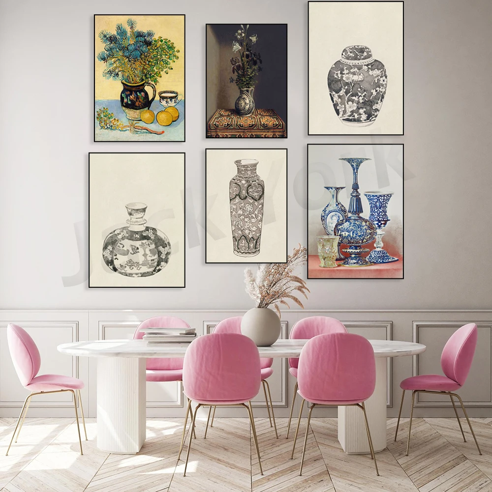 Chinoiserie Vases Print, Vintage Still Life Blue and White Art Printable, Antique Vases Painting ,Moody Floral Still Life Prints