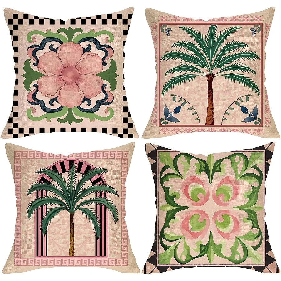 Aesthetic Set of 4 Boho Tropical Throw Pillow Covers Palm Leaf Floral Mediterranean Living Room Home Decor Cushions
