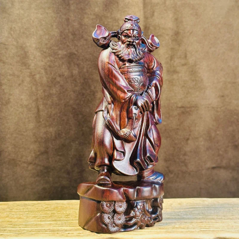 Ebony Wood Carved Statue Ornament God of Fortune Zhong Kui Figurine Home Living Room Shop Worship Decoration Craft