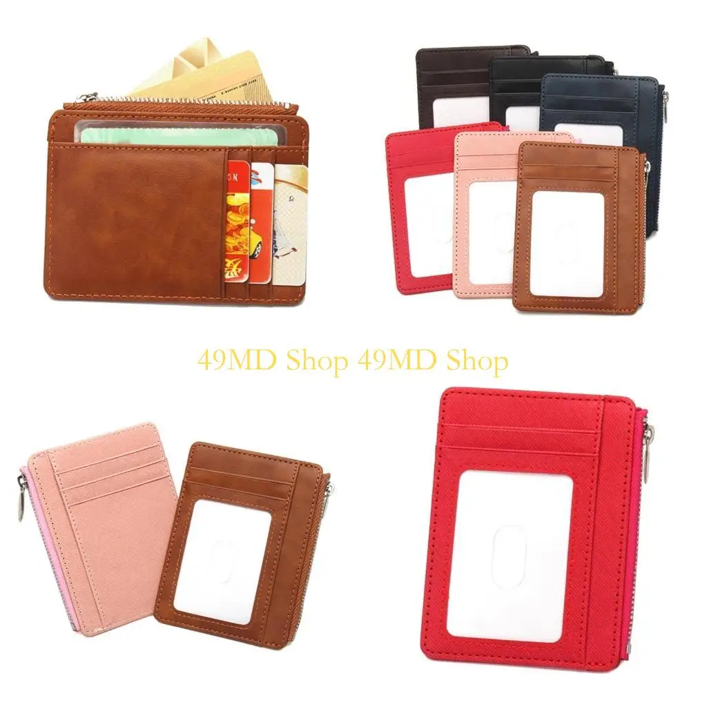 49MD Fashion Anti Theft Card Holder with Zippered Decisgns and Clear Window Blocking PU Leather Coin Purse for Secure Storage