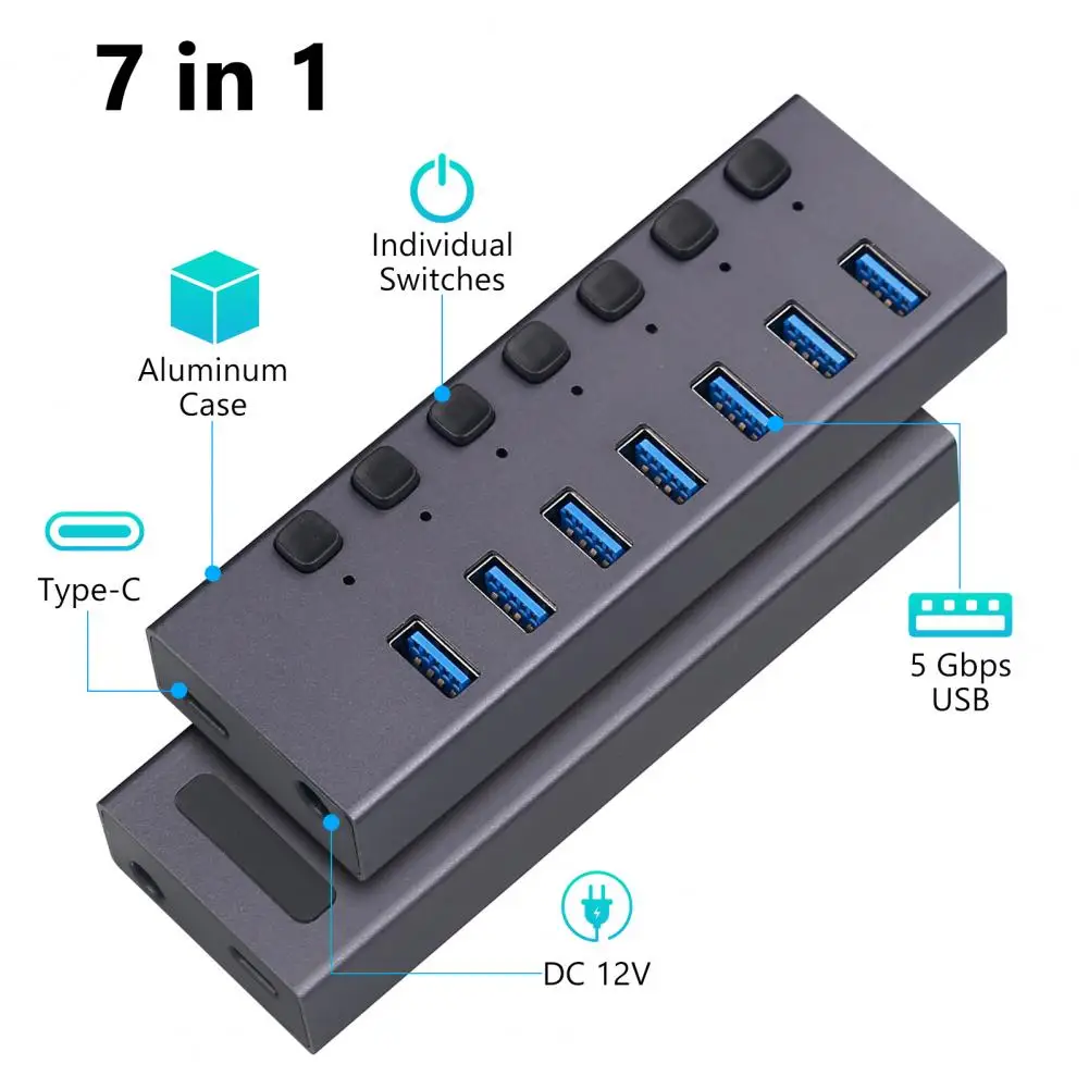 

5Gbps 7 Ports USB3.0 Hub Data Transmission Charging Splitter with Individual OFF/ON Switch LED Indicator Hub for PC for PS4 HDD