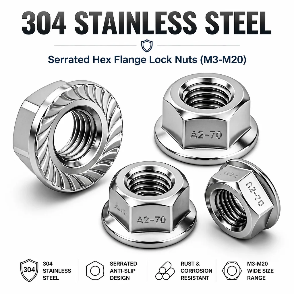 XLGYLPRO 50 Pieces M3 M4 M5 M6 M8 M10 M12 M16 M20 304 Stainless Steel Hexagon Hex Head Serrated Spinlock Lock Flange Nuts DIN692
