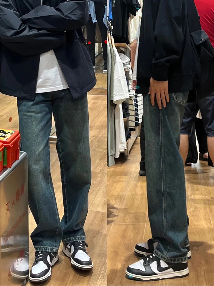 

Мужские джинсы Deep Blue свободного кроя с широкими штанинами, винтажные рабочие брюки прямого кроя, средняя посадка, застежка-молния, обычные, тонкие