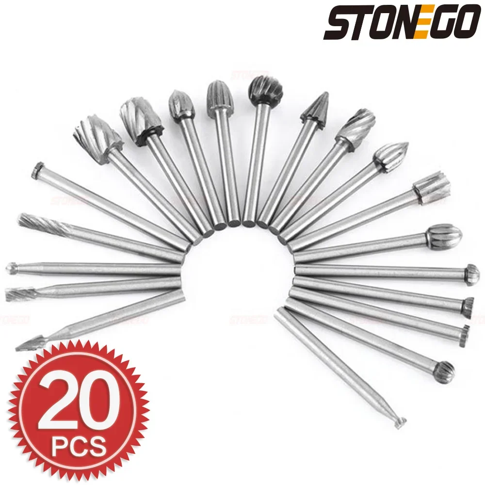 

STONEGO 1/8" Shank HSS Rotary File Burr Set - Woodworking, Carving, Engraving, Drilling - 3mm Burrs for DIY Projects