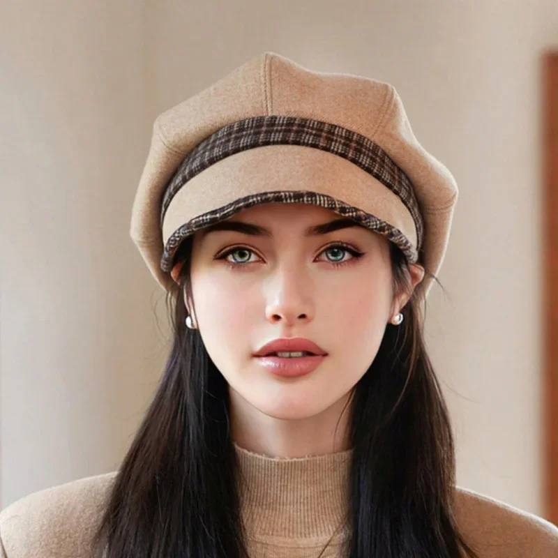 Women Octagonal Hat Autumn Winter Korean Style Elegant Fashionable Versatile Cycling Park Walking Dating Headwear
