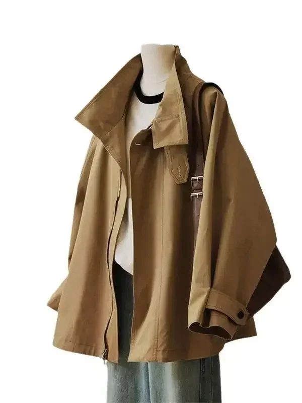 

Khaki Cropped Trench Coat Jacket Vintage Autumn Casual American Cargo Wear Elegant Simple Clothing Zipper 2024 New Fashion