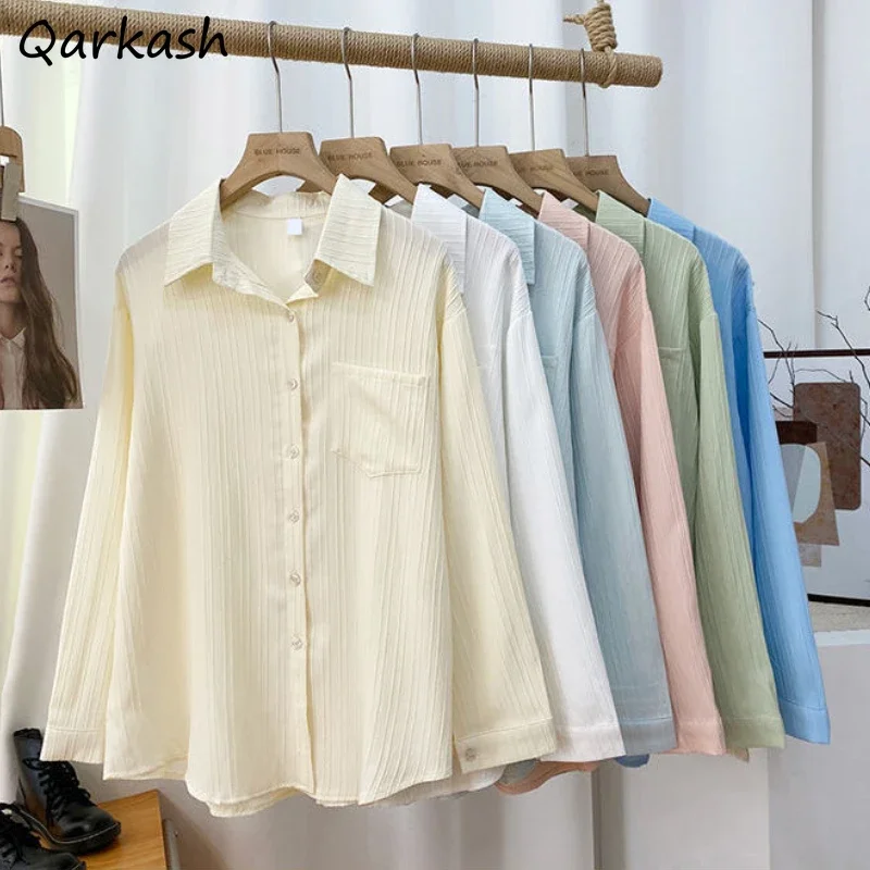 

Shirts Women Solid All-match Cozy Korean Style Students Pockets Popular Daily Streetwear Casual Spring Simple Turn-down Collar