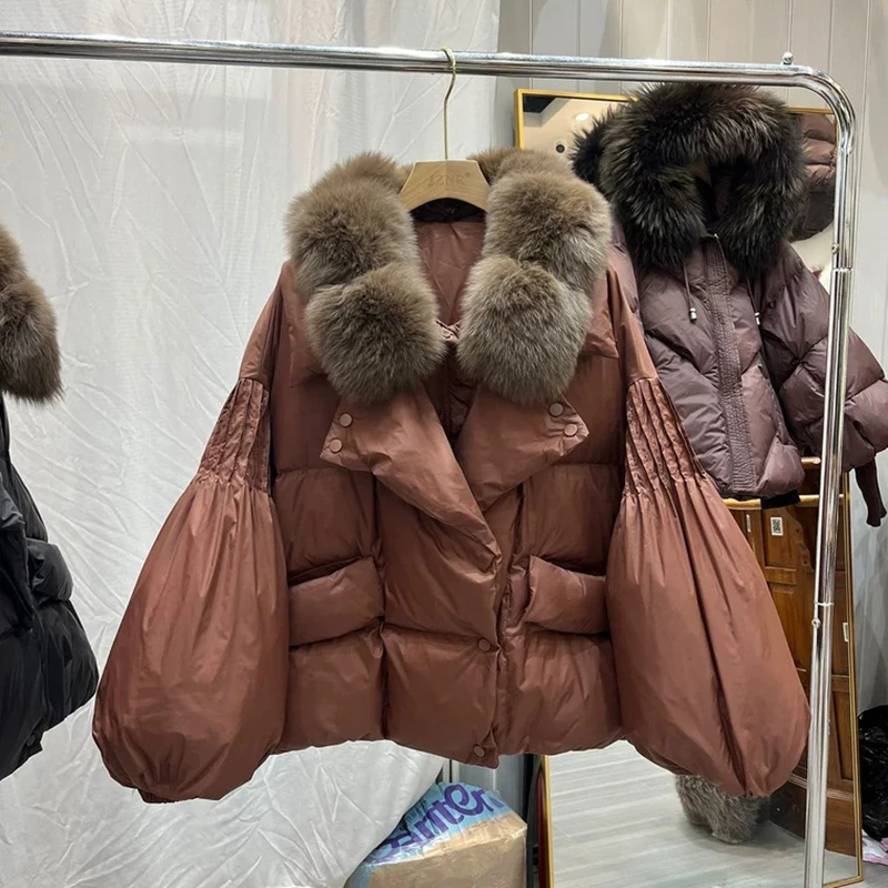 Winter High Quality Natural Large Fur Collar Down Jacket Female Warm Button Parker Jacket Women White Duck Down Thicken Outwears