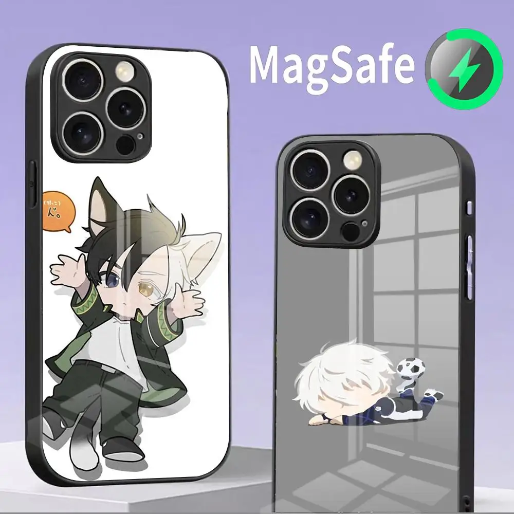 

Чехол для телефона с милыми персонажами мультфильмов B-BLUE LOCKS для IPhone 16, 15, 14, 13, 12, 11 Pro Max, 13 mini, 12 mini, стеклянный чехол Magsafe