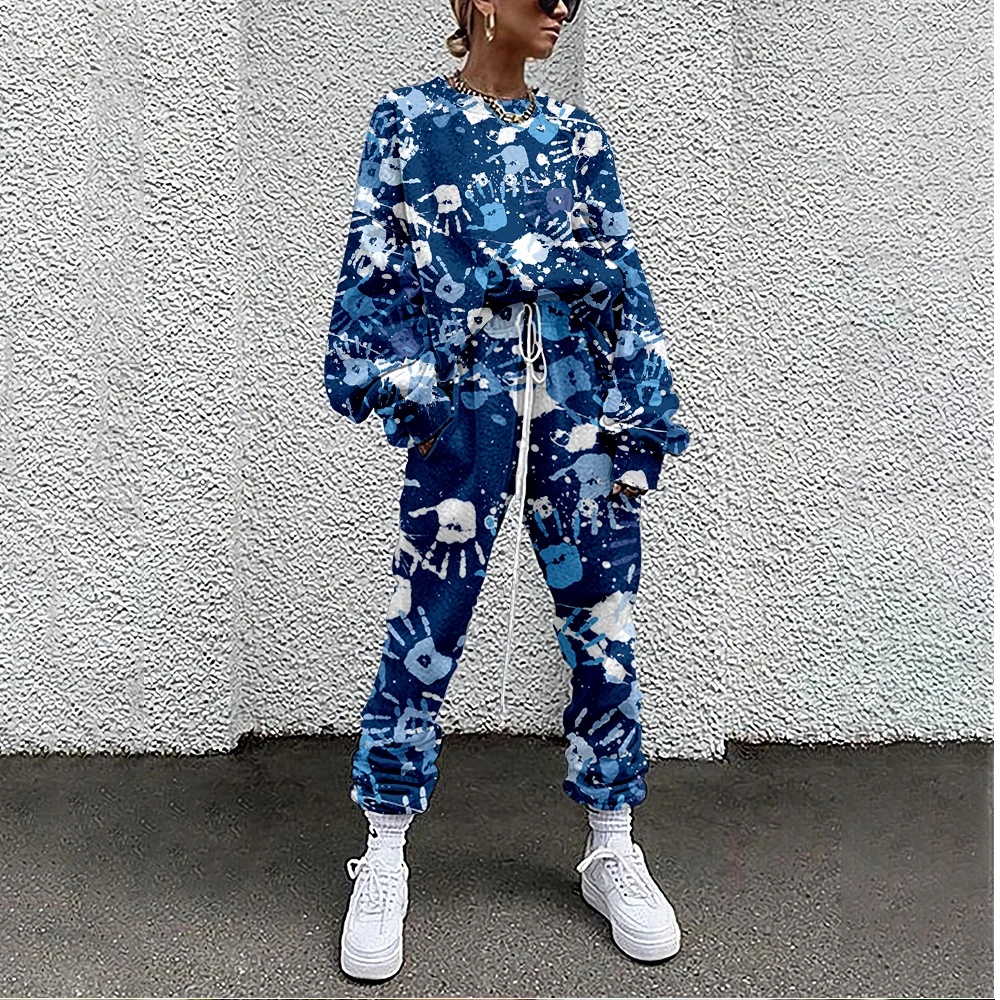 Women Tracksuit Painted Graffiti Print 2 Piece Outfit Sweatshirt+Straight Sweatpants Matching Set Fitness Sporty Streetwear