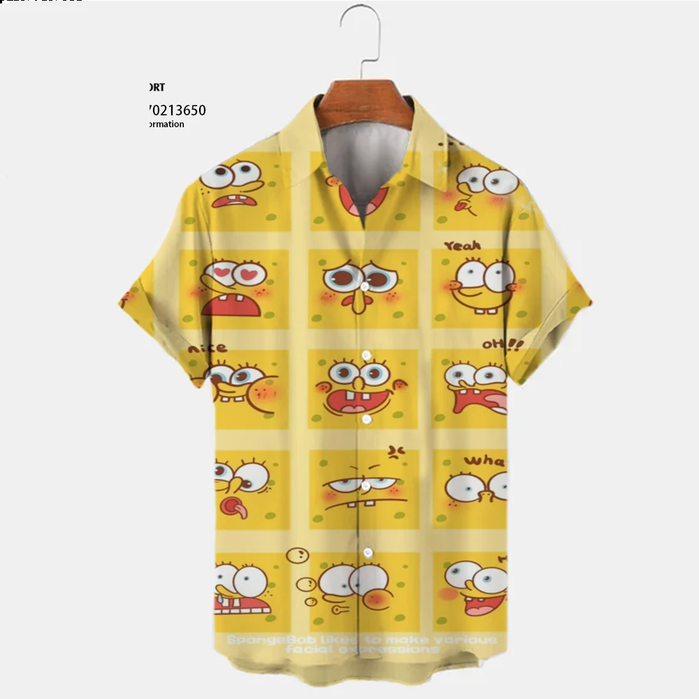 2024 New Harajuku Street Spongebob Cartoon Summer Fashion Casual Trend Versatile Men\'s Lapel Short Sleeve Shirt Top