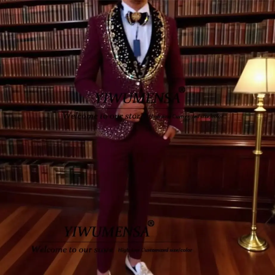 

Блестящие кристаллы, бисерные костюмы, мужские роскошные смокинги с шалью и лацканами для выпускного вечера, индивидуальный комплект из трех предметов, мужской костюм для свадьбы, банкета, вечеринки, ropa hombre