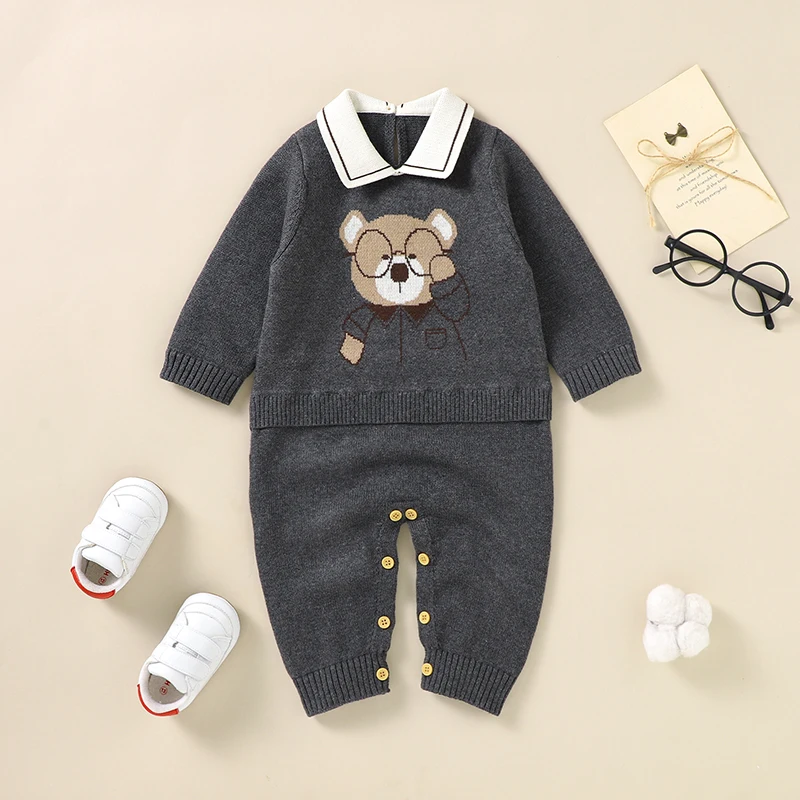 0-18m Baby Knitted Rompers Clothes Fashion Turtle Neck Long Sleeves Newborn Boys Gentlemen Style Jumpsuits Infant Child Costumes