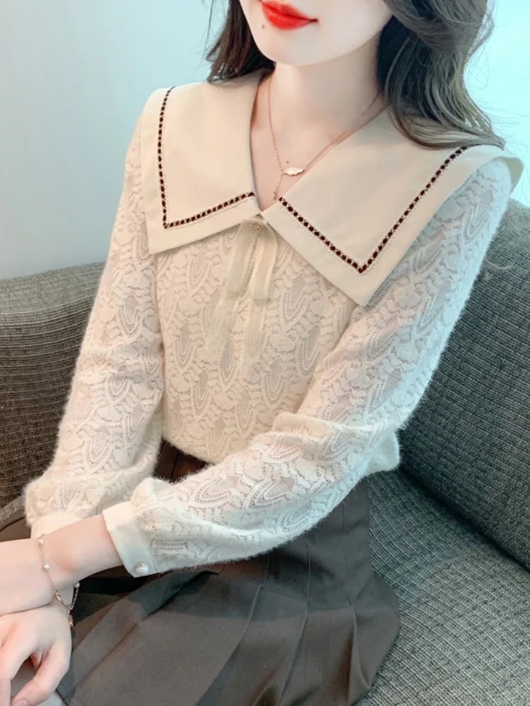 

Faionable Lace irt Women's Stand Collar Base Layer Top Ele Sle Knot Long Sve Straight Cut Premium Feel