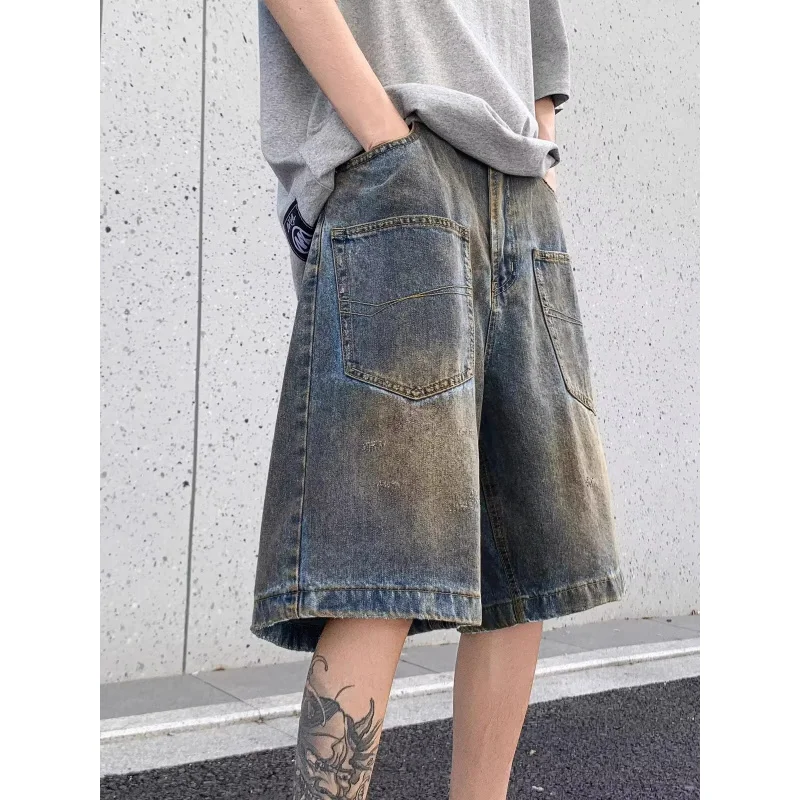 شورت رجالي صيفي جديد أمريكي ريترو عصري مغسول بتصميم عتيق شورت فضفاض بخمس نقاط