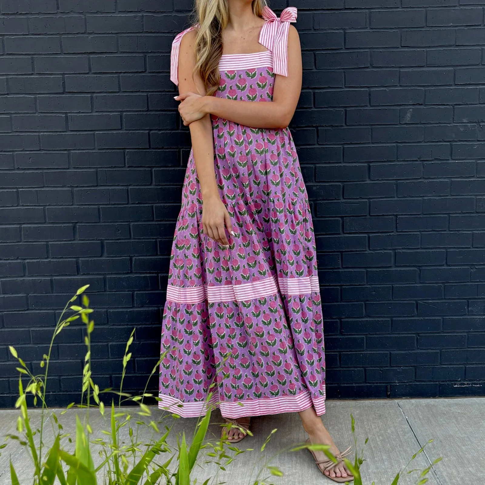 Abito lungo da donna con stampa floreale a righe con spalline allacciate Abito Cami Abito casual senza maniche alla moda estiva