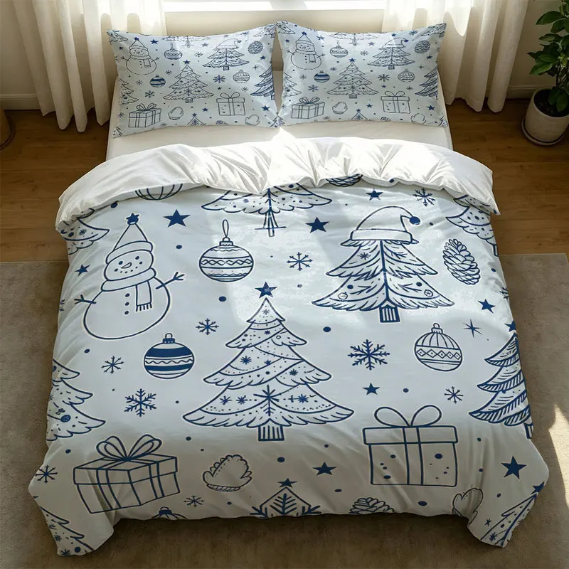 2/3Pcs Microfiber Christmas Duvet Cover Set,Ultra-Soft,Breathable,Skin-Friendly,Durable,Xmas White Trees Print,Ideal Gift