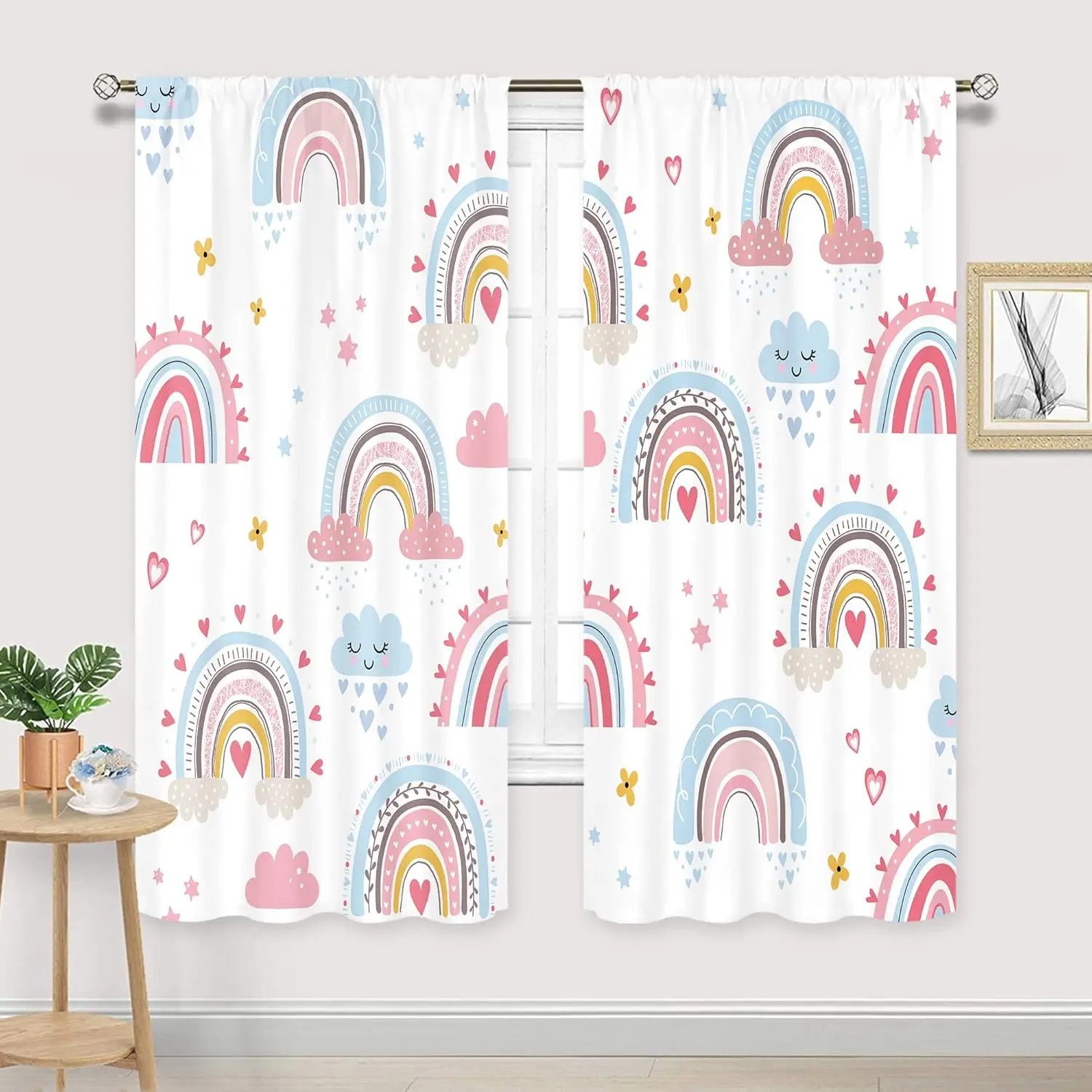 Baby Girls Pink Boho Rainbow Curtains Rod Pocket Cute Cartoon Colorful Cloud Stars for Kids Children Nursery Bedroom Decor