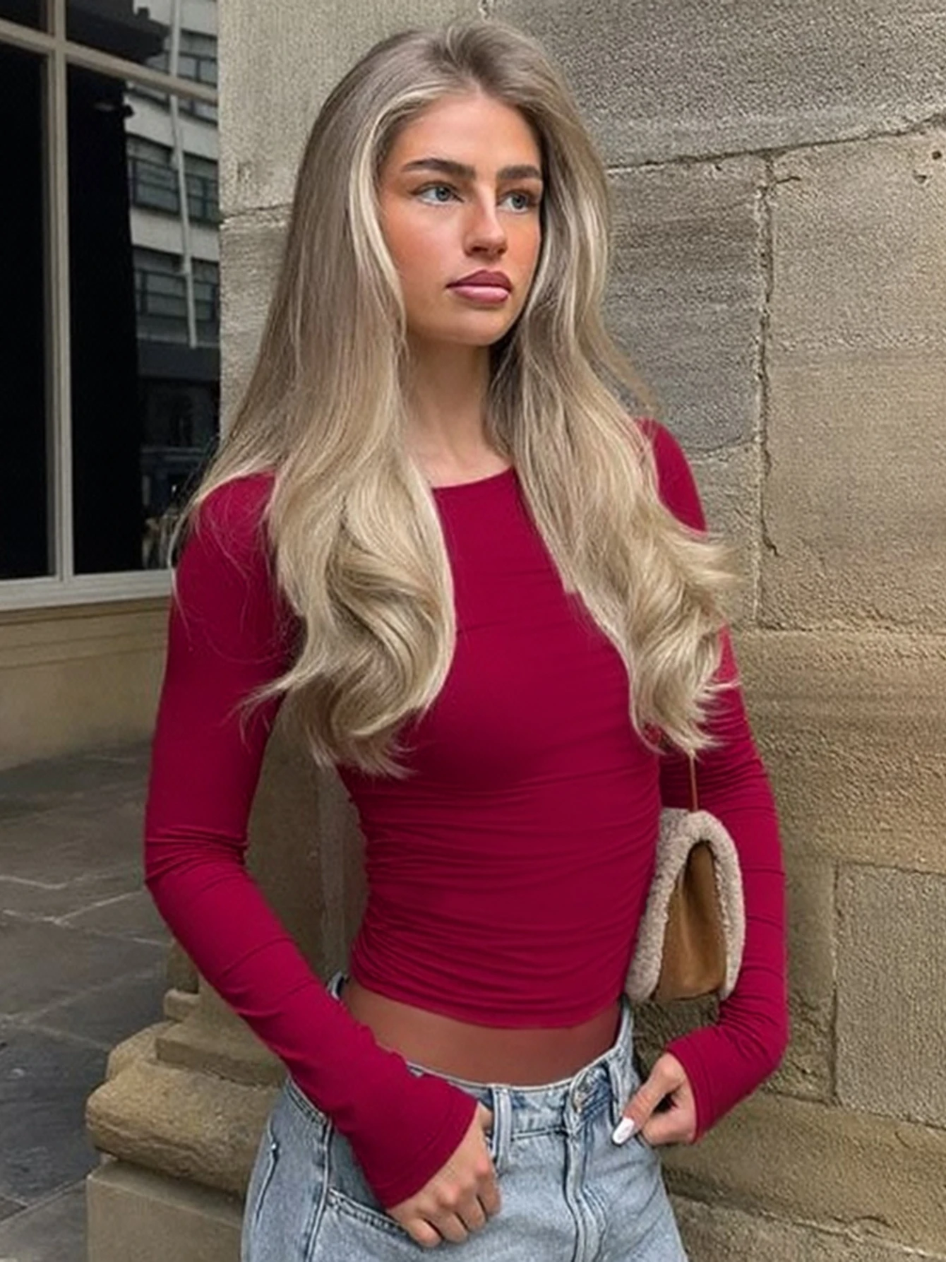 Dulzura الخريف الصلبة س الرقبة طويلة الأكمام Ruched سليم تي شيرت مجسم المرأة عادية تنوعا Y2K أفضل نادي الحفلات نمط الشارع الملابس