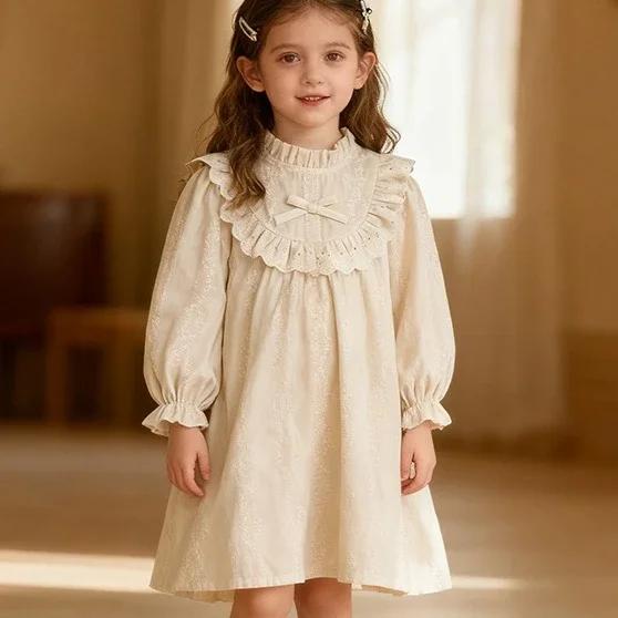 Girl Skirt 2026 Spring And Autumn New Childrens Clothing Girl Baby Lovely Wooden Ear Collar Lace Embroidery Long Sleeve Dress