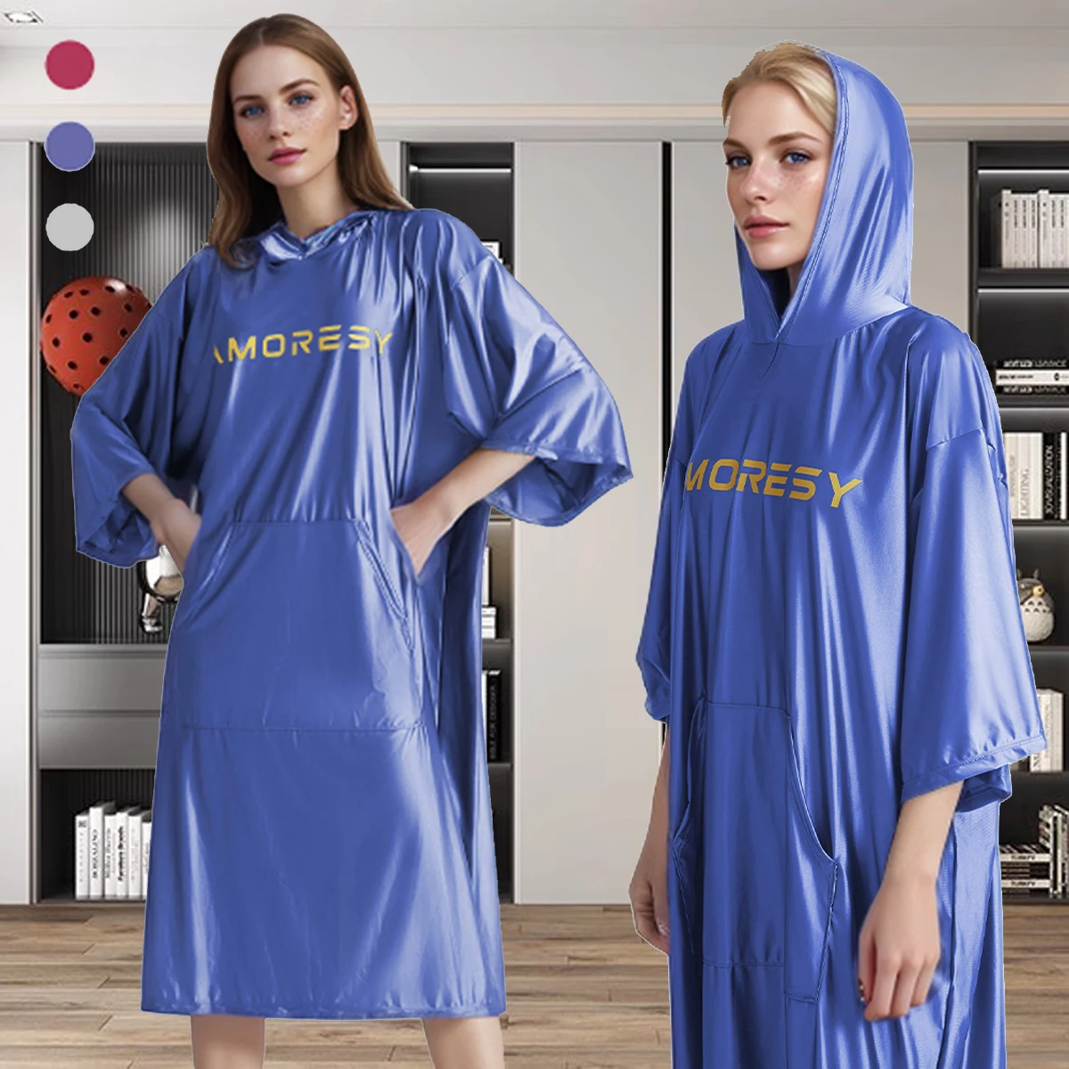 AMORESY Adult Glossy Satin Smooth Stretch Quickdry Swim Bath Towel Dress Shortsleeve Hooded Bathrobe Cape Pajama Skirt Over Size