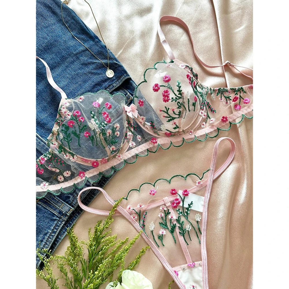 

Sexy Sheer Mesh Lingerie Set Women See Through Bra Push Up Gathered Temptation Thong Erotic Transparent Outfit Micro Bikini