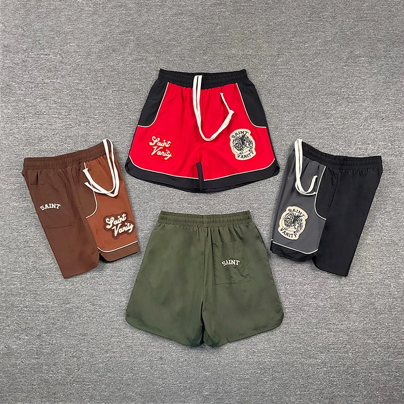 New SAINT VANITY Contrast Panel Athletic Shorts Chenille Badge Patches Unisex Drawstring Elastic Waist Street Shorts