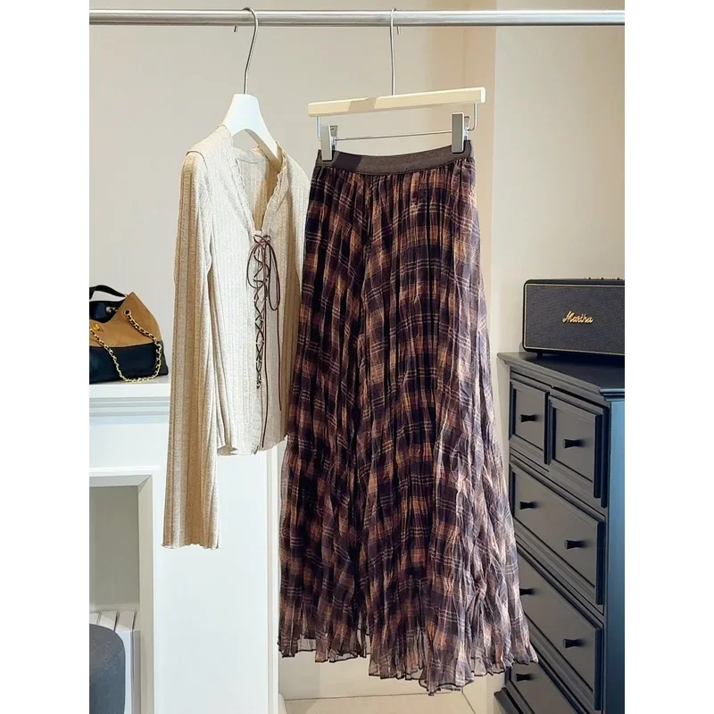 Vintage Plaid High Waisted Pleated Midi Skirt Women Fall New Fashion See Through Mesh A Line Long Skirt Casual Retro Checkered P