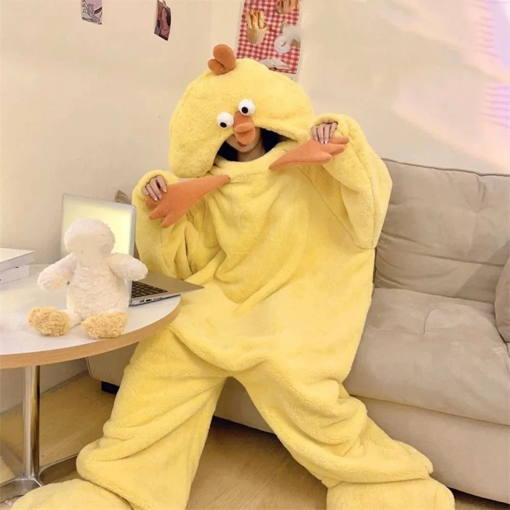 Jumpsuits Cartoon Chicken Pajamas Funny Home Wear Coral Fleece Nightwear Long Sleeve Plush Warm Little Yellow Chicken Pajamas