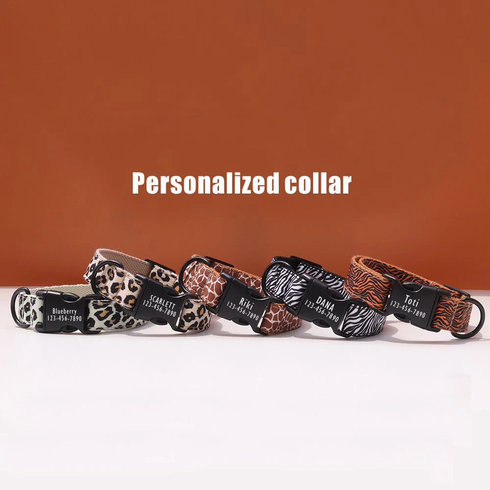 Customized Animal Stripes Dog Collars, Free Engraving Buckle for Small Medimum Large Dogs, Matching Leash Available