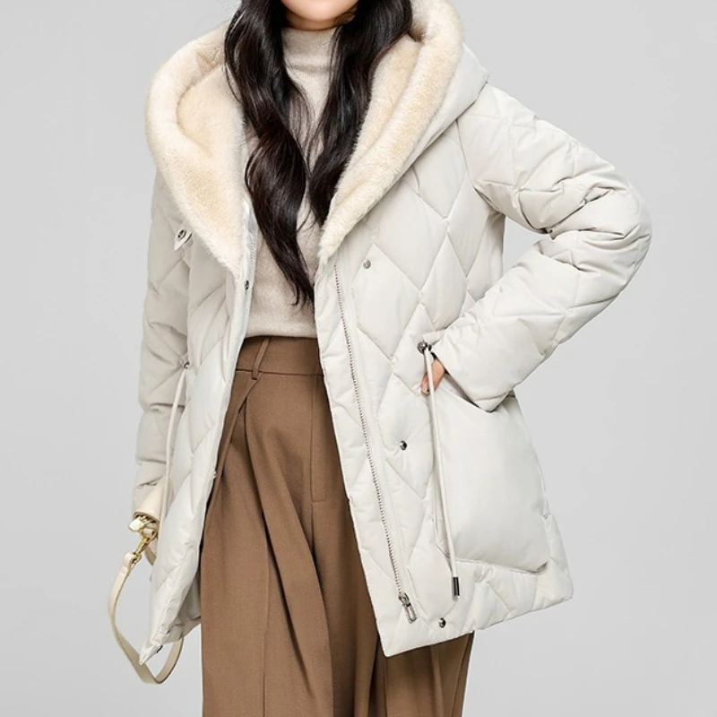 Women's Faux Fur Collar Padded Coat Winter Thick Diamond Quilted Jacket Mid Long Belted Outerwear Trendy Cozy Soft Female Parkas