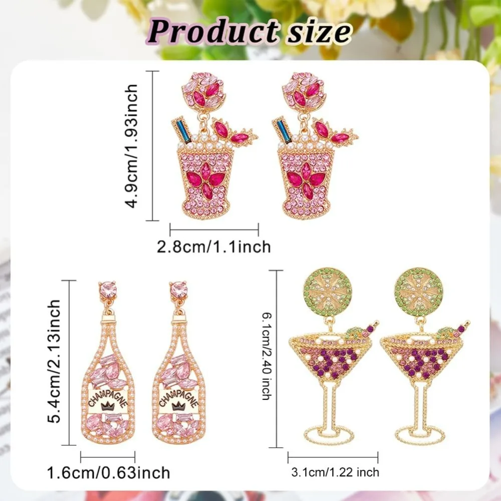 3 Pairs Champagne Glass Earrings Martini Glass Earrings for Women Dangling Novelty Colorful Handmade Wine Glass Alcohol Goblet