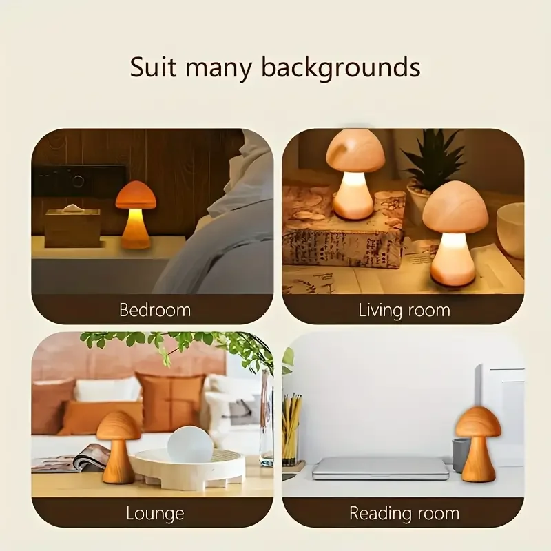 1pc 3 color USB Rechargeable Wooden Mushroom LED Night Light Touch Control With Adjustable 3 Color Temperature For Home Decor