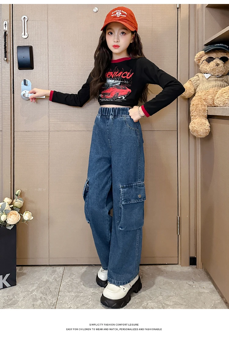 Vintage blaue Cargo-Jeans für Mädchen im Teenageralter, gerade geschnitten, mit Seitentaschen, Kinder-Mode, Street-Style, Jeanshose für Teenager. – Detail 5