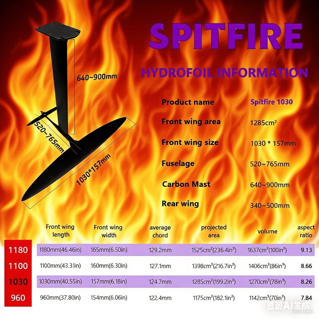 

Комплект карбонового гидрофойла Spitfire 1030: переднее крыло 1285 см², карбоновая мачта 640-900 мм, фюзеляж 520-765 мм для кайтбординга и виндсёрфинга