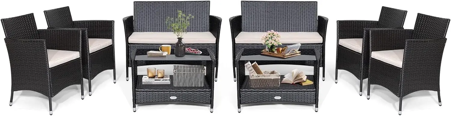 4 Stück Terrassen möbelset, Patiojoy Outdoor Pe Wicker Gesprächs set mit weichen Kissen und Tischplatte aus gehärtetem Glas