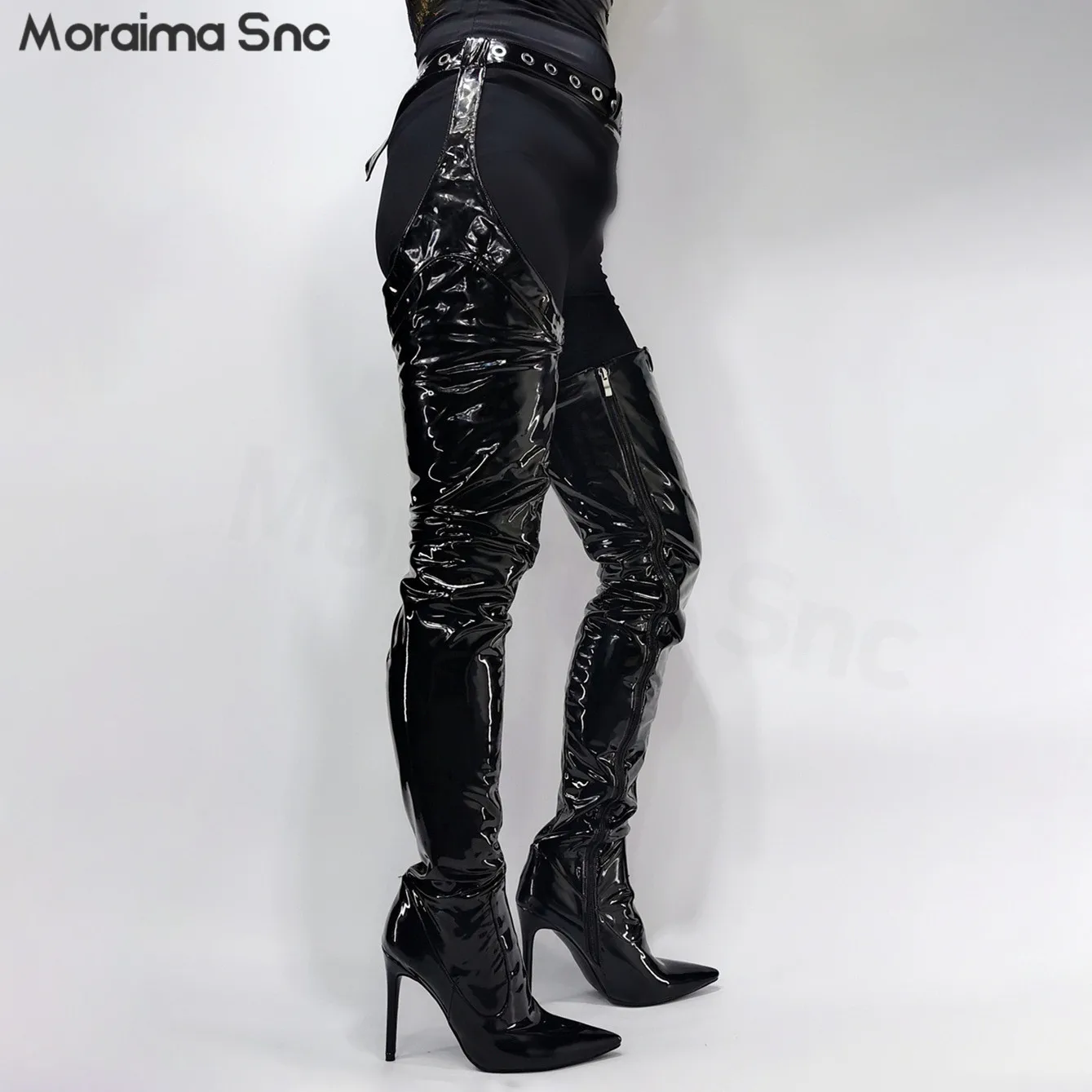 

Black Patent Leather Sexy Boots Pointed Toe Stiletto Over-The-Knee Large Size Boots Ladies Fashion Stage Performance Belt Boots