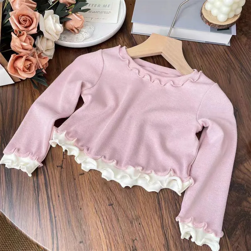Spring Autumn Girls T-neck Baby Fashion Kids Personality Lace Collar False Two-piece Ruffled Edge Base Layer
