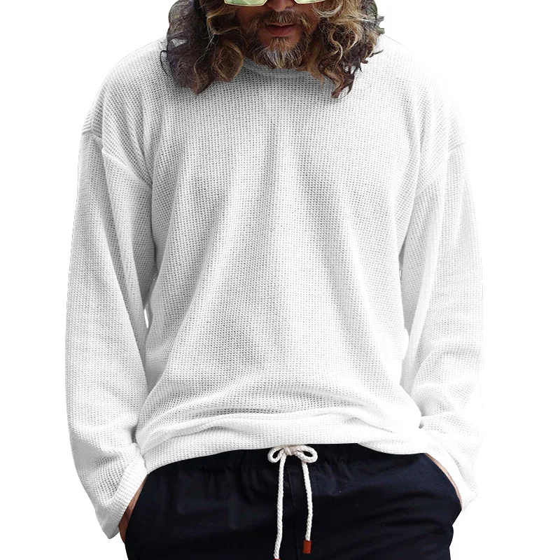 

New spring and autumn men's long-sleeved sports waffle casual loose fitness round neck pullover men's t-shirt new in knitwears