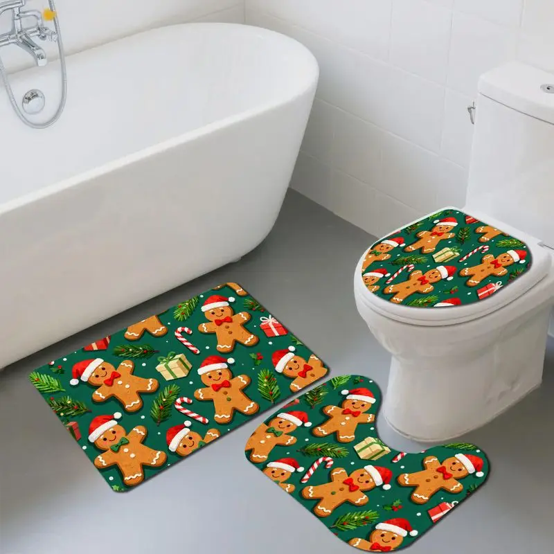 VIKAMA Gingerbread Bathroom Rug Set 3 Piece Green Christmas Print Toilet Seat Cover Non Slip Absorbent For Bath Tub Shower Decor