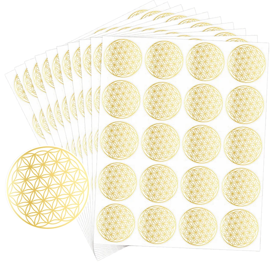 200 Pcs Sacred Geometry Stickers, Foil Golden Flower of Life Round Labels, Decorative Pattern Stickers for Journals, Planners
