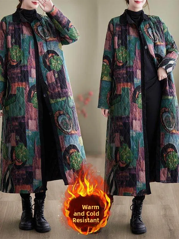 

Retro Sle Plant Floral Print Open Cardigan Loose Fit Long Sve Stand Collar Cotton Jaet for Women Mid-Length Outerwear