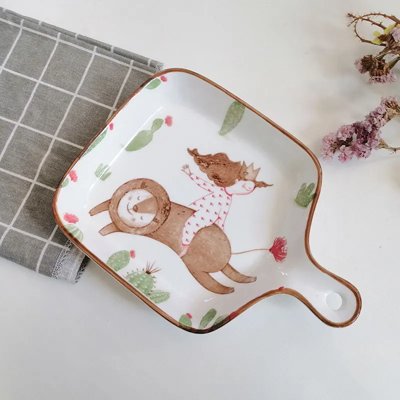 

1pc Japanese Style Creative Cute Cartoon Girl Heart Baking Tray Handle Plate Ceramic Tableware for Household Ovens