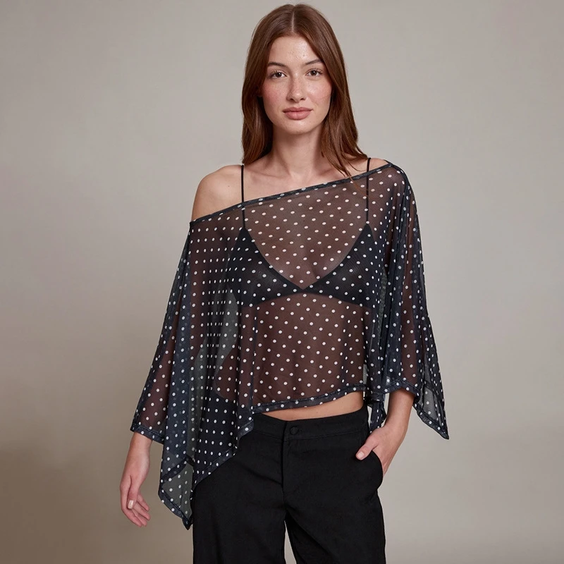 

Faionable Loose Casual Polka Dot See tough Me Top Women's Lace irt Sexy Top Commute Sle Regular Sve Polyester