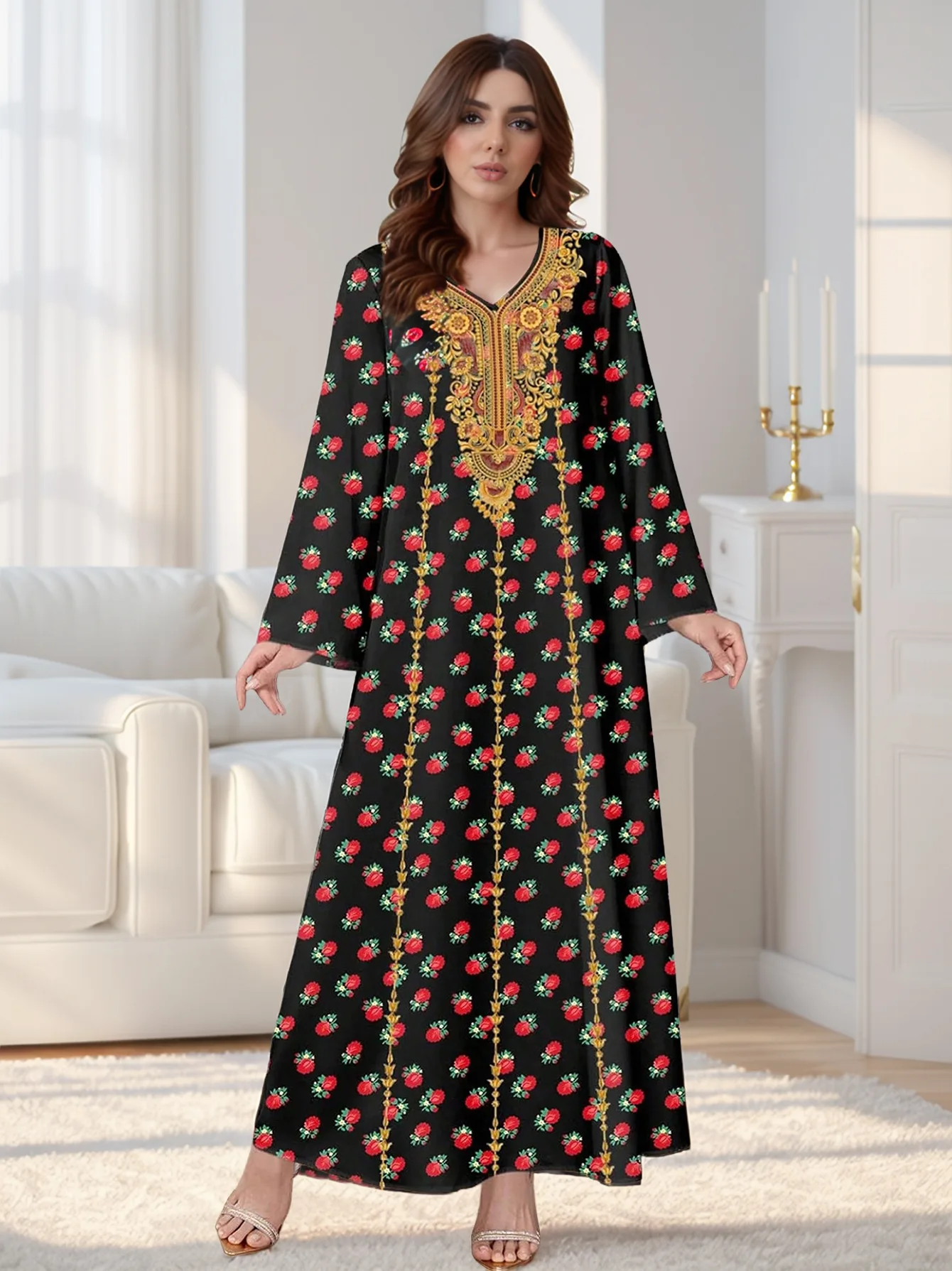 Eid Women Print Dress Muslim Abaya Flower Print V Neck Vestidos Largos Kaftan Arab Long Robe Jalabiya Ramadan Long Dresses 2025 2