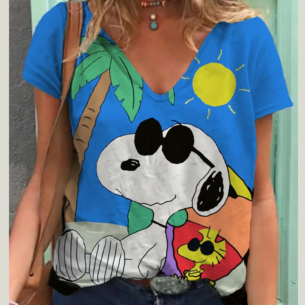 Fashionable Women\'s T-Shirts Cute Snoopy print Girl Summer Harajuku Loose Casual Clothing Kawaii V-Neck Short Sleeve T-Shirts